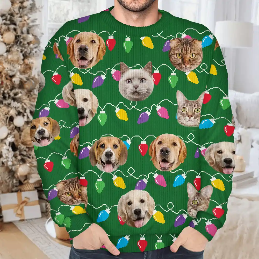 Custom Photo Funny Dog Cat Christmas Light - Personalized Unisex Ugly Sweater - Image 5