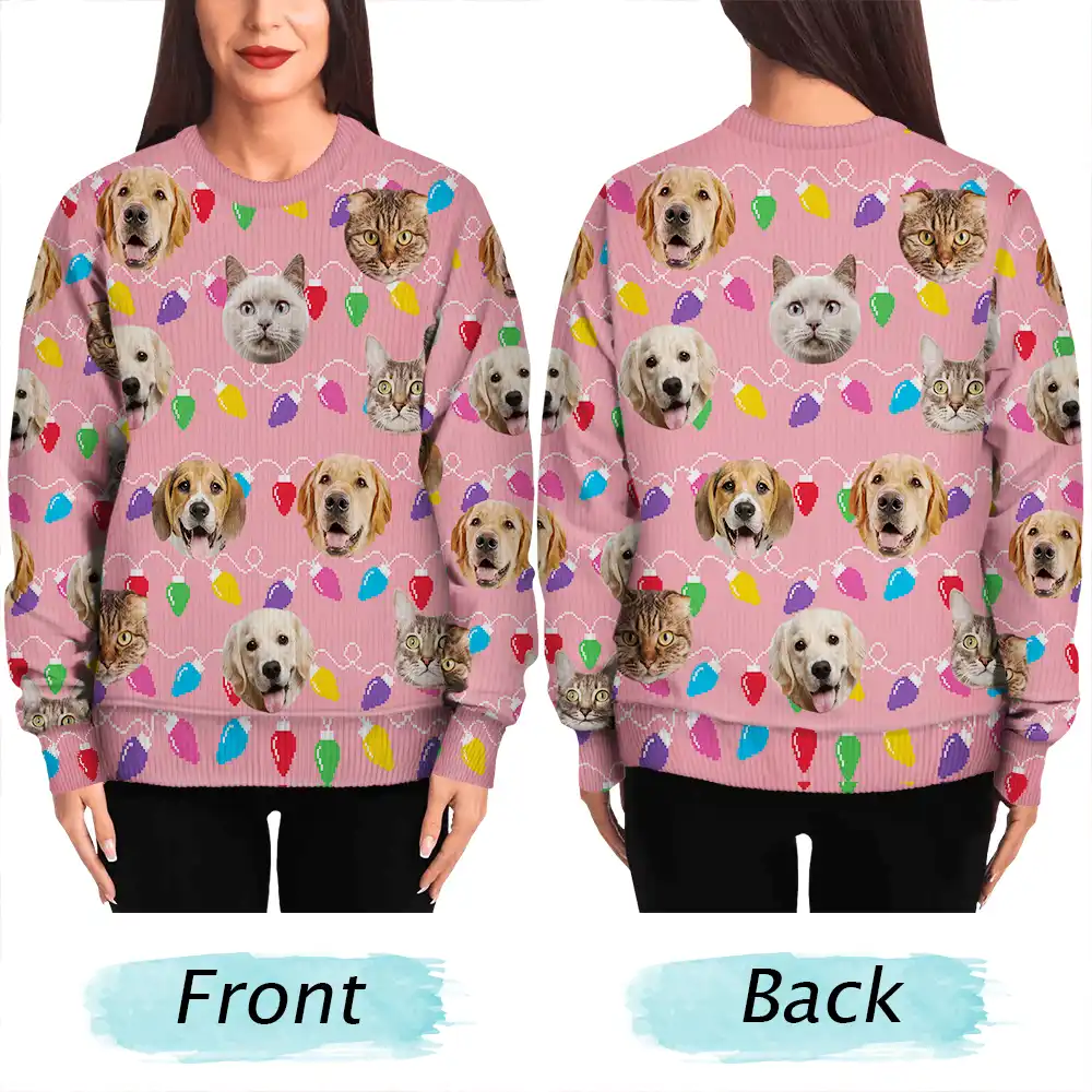 Custom Photo Funny Dog Cat Christmas Light - Personalized Unisex Ugly Sweater - Image 6
