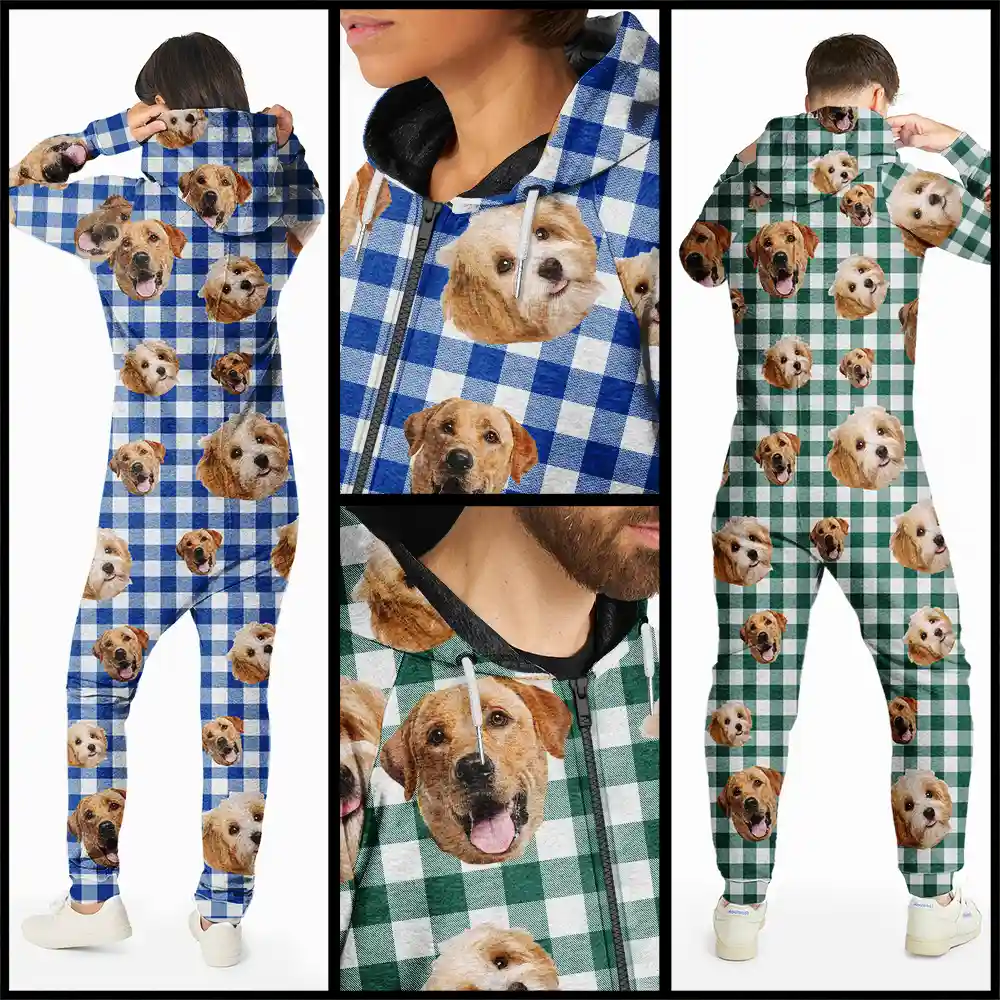 Custom Photo Funny Dog Cat Pet Human Face - Personalized Overall Onesie Hooded Jumpsuit - Image 4