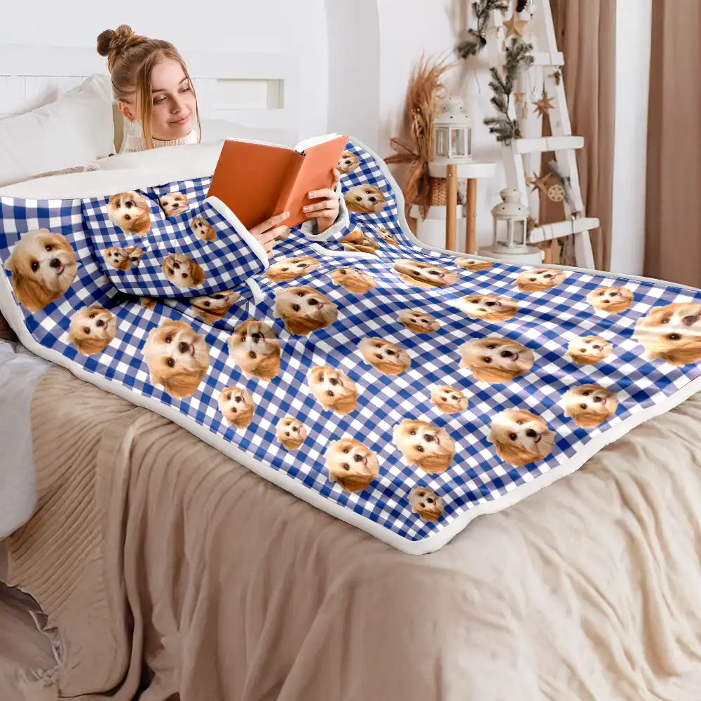 Custom Photo Funny Dog Cat Pet Human Face - Personalized Wearable Blanket With Sleeves - Image 3