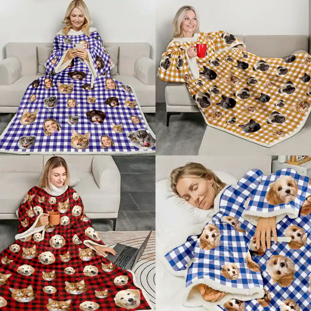 Custom Photo Funny Dog Cat Pet Human Face - Personalized Wearable Blanket With Sleeves - Image 7