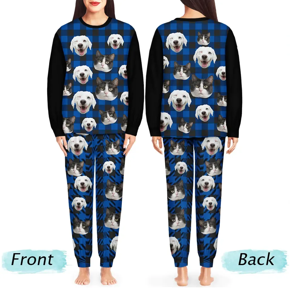 Custom Photo Funny Dog Cat Pet Human Face Plaid Pattern - Personalized Unisex Pajamas Set - Image 4