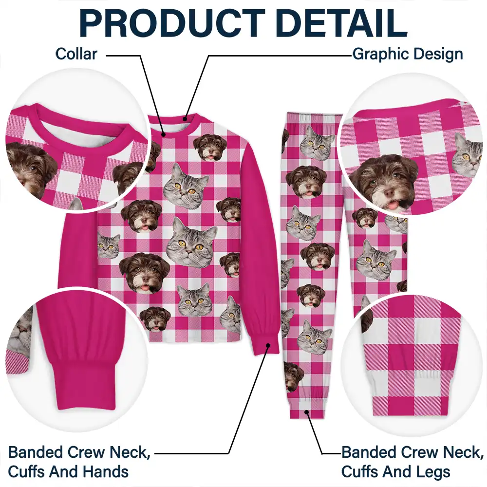Custom Photo Funny Dog Cat Pet Human Face Plaid Pattern - Personalized Unisex Pajamas Set - Image 6