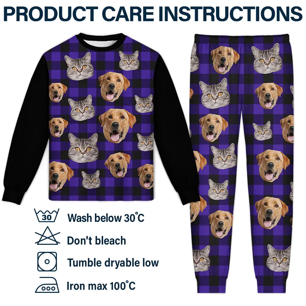 Custom Photo Funny Dog Cat Pet Human Face Plaid Pattern - Personalized Unisex Pajamas Set - Image 7