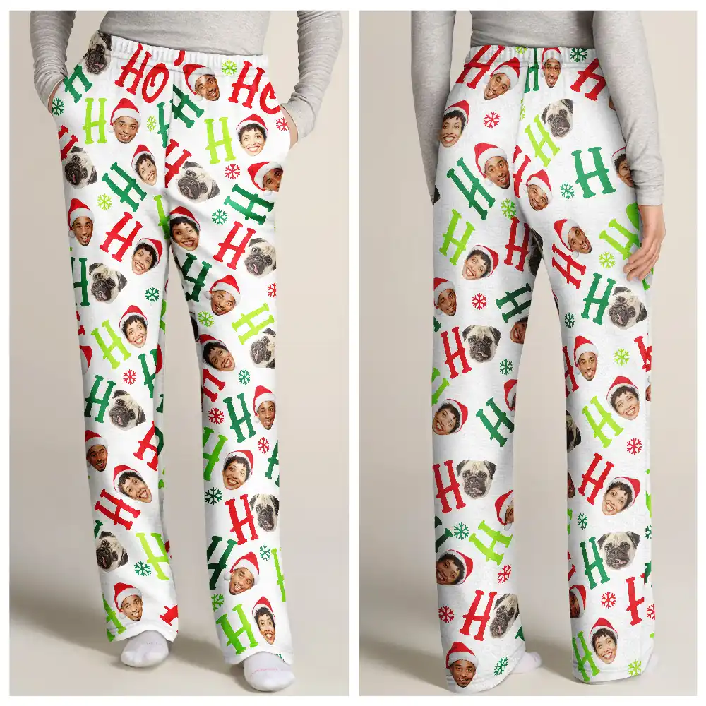 Custom Photo Funny Dog Cat Pet Human Faces Ho Ho Ho Christmas - Personalized Pajama Pants - Image 4