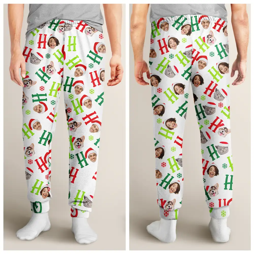 Custom Photo Funny Dog Cat Pet Human Faces Ho Ho Ho Christmas - Personalized Pajama Pants - Image 5