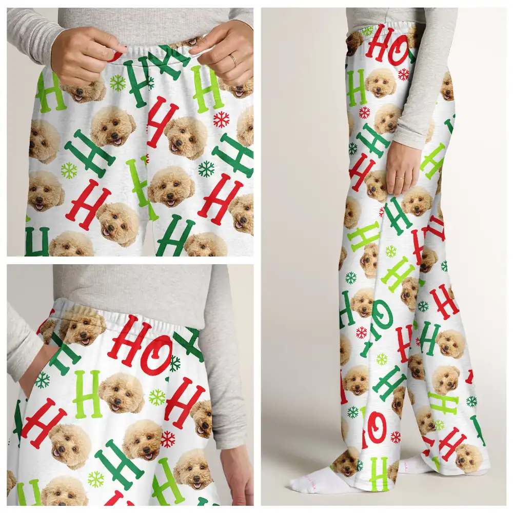 Custom Photo Funny Dog Cat Pet Human Faces Ho Ho Ho Christmas - Personalized Pajama Pants - Image 8