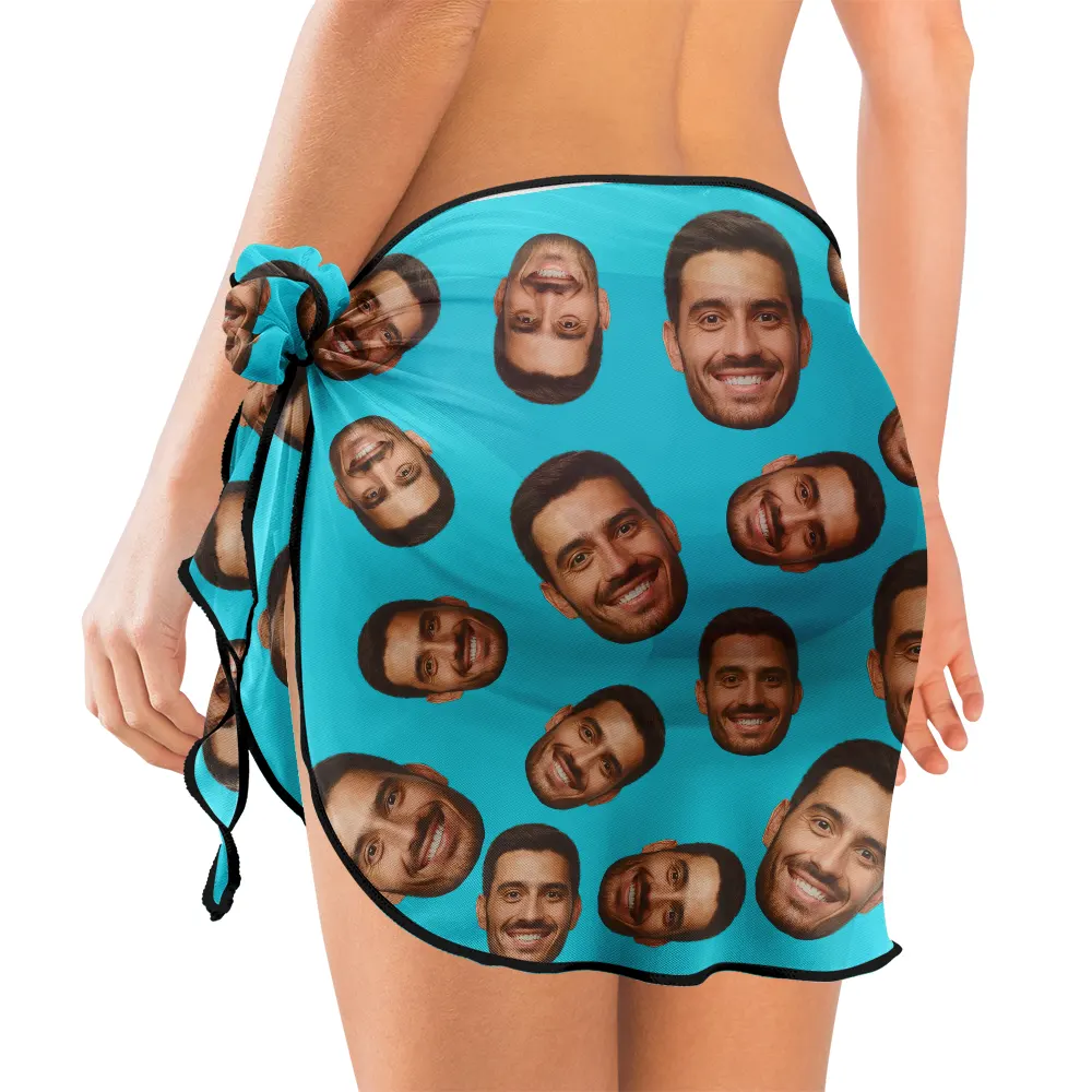 Custom Photo Funny Face Beach Lake - Personalized Short Sarong Swimwear Cover Ups - Image 4