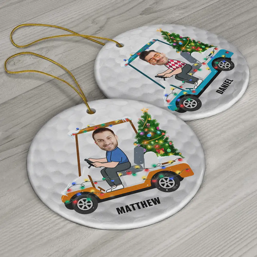 Custom Photo Funny Face Golf Cart - Personalized Circle Ceramic Ornament - Image 7