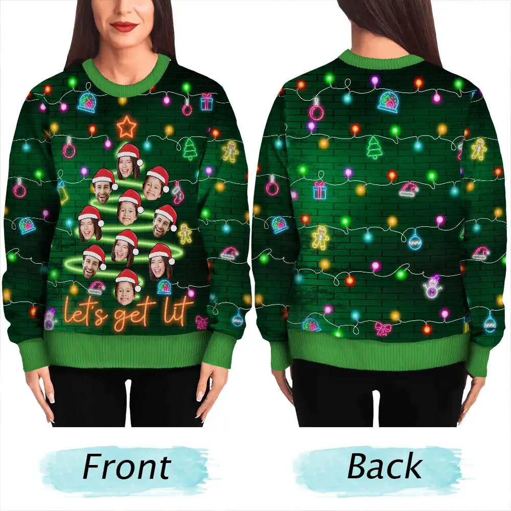Custom Photo Funny Family Face Let's Get Lit Neon Christmas Light Style - Personalized Unisex Ugly Sweater - Image 6