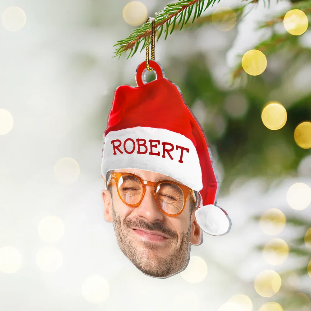 Custom Photo Funny Family Face With Santa's Hat - Personalized Cutout Acrylic Ornament - Image 3