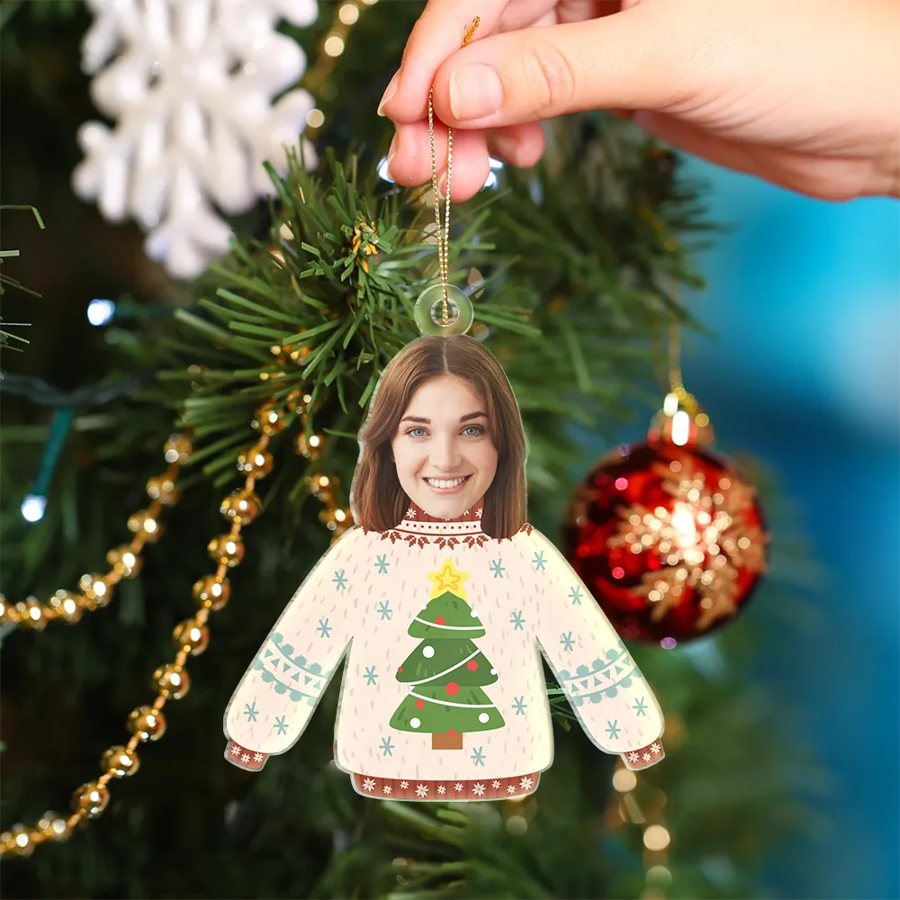 Custom Photo Funny Family Faces Hanging Christmas Sweater - Personalized Cutout Acrylic Ornament - Image 5
