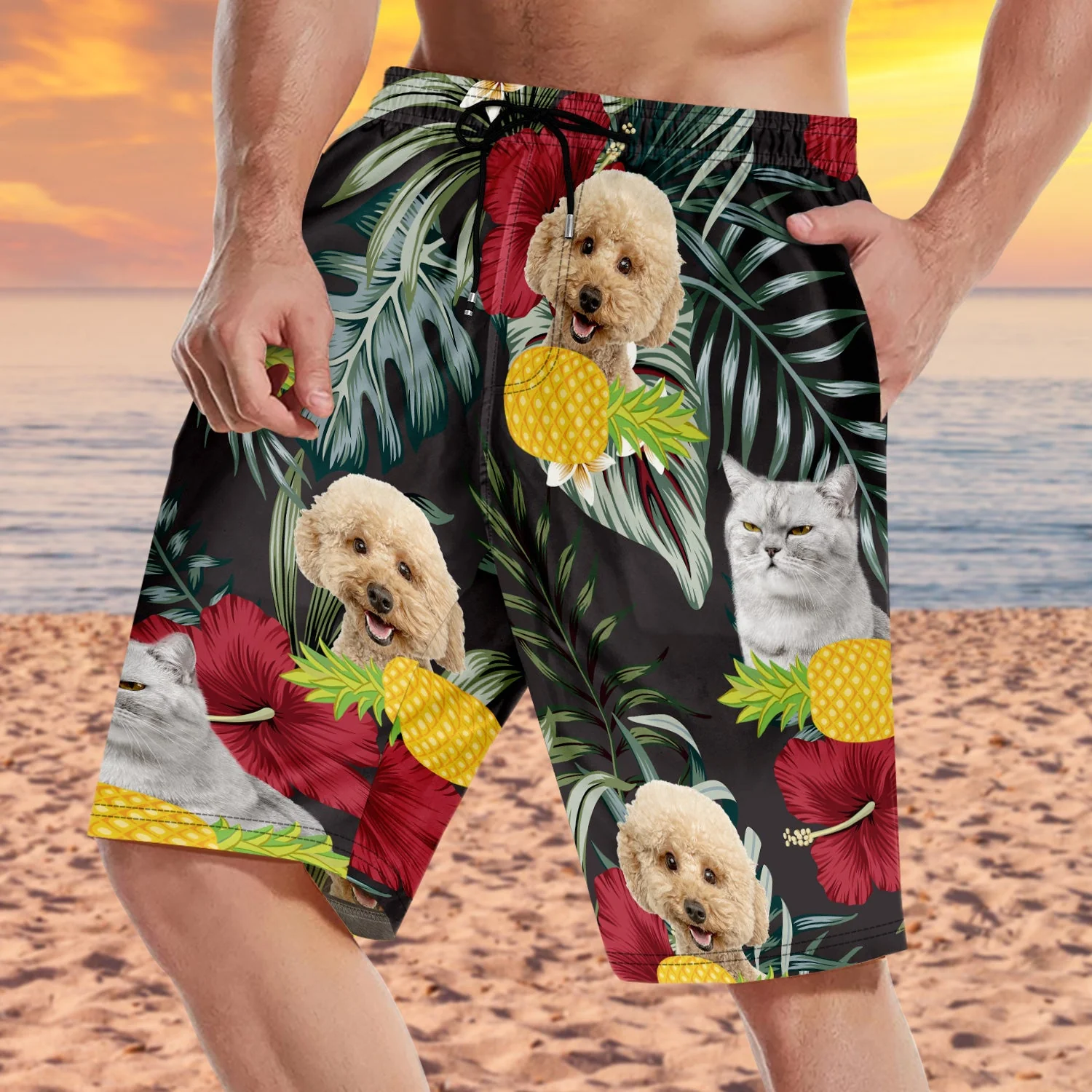 Custom Photo Funny Family Pet Face Black Color Leaf - Funny Gift For Pet Lovers, Dog Mom, Cat Mom, Dog Dad, Cat Dad - Personalized Unisex Beach Shorts - Image 2