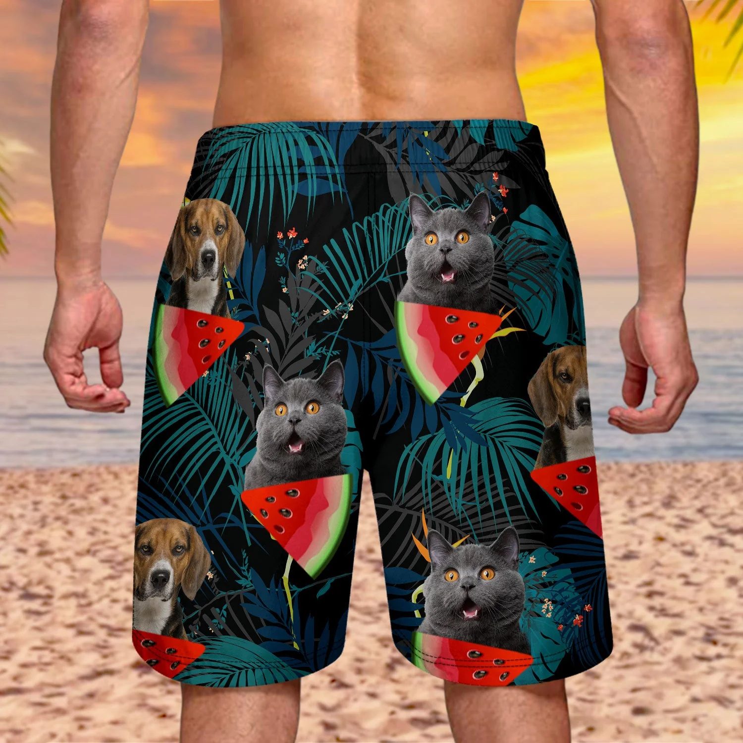 Custom Photo Funny Family Pet Face Black Color Leaf - Funny Gift For Pet Lovers, Dog Mom, Cat Mom, Dog Dad, Cat Dad - Personalized Unisex Beach Shorts - Image 3