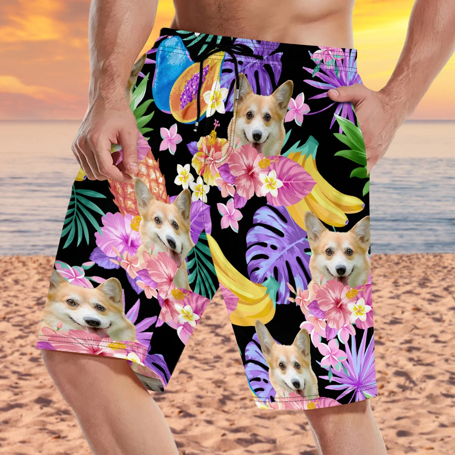 Custom Photo Funny Family Pet Face Black Colorful Tropical - Funny Gift For Pet Lovers, Dog Mom, Cat Mom, Dog Dad, Cat Dad - Personalized Unisex Beach Shorts - Image 4