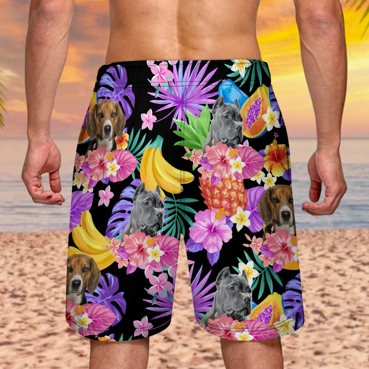 Custom Photo Funny Family Pet Face Black Colorful Tropical - Funny Gift For Pet Lovers, Dog Mom, Cat Mom, Dog Dad, Cat Dad - Personalized Unisex Beach Shorts - Image 5