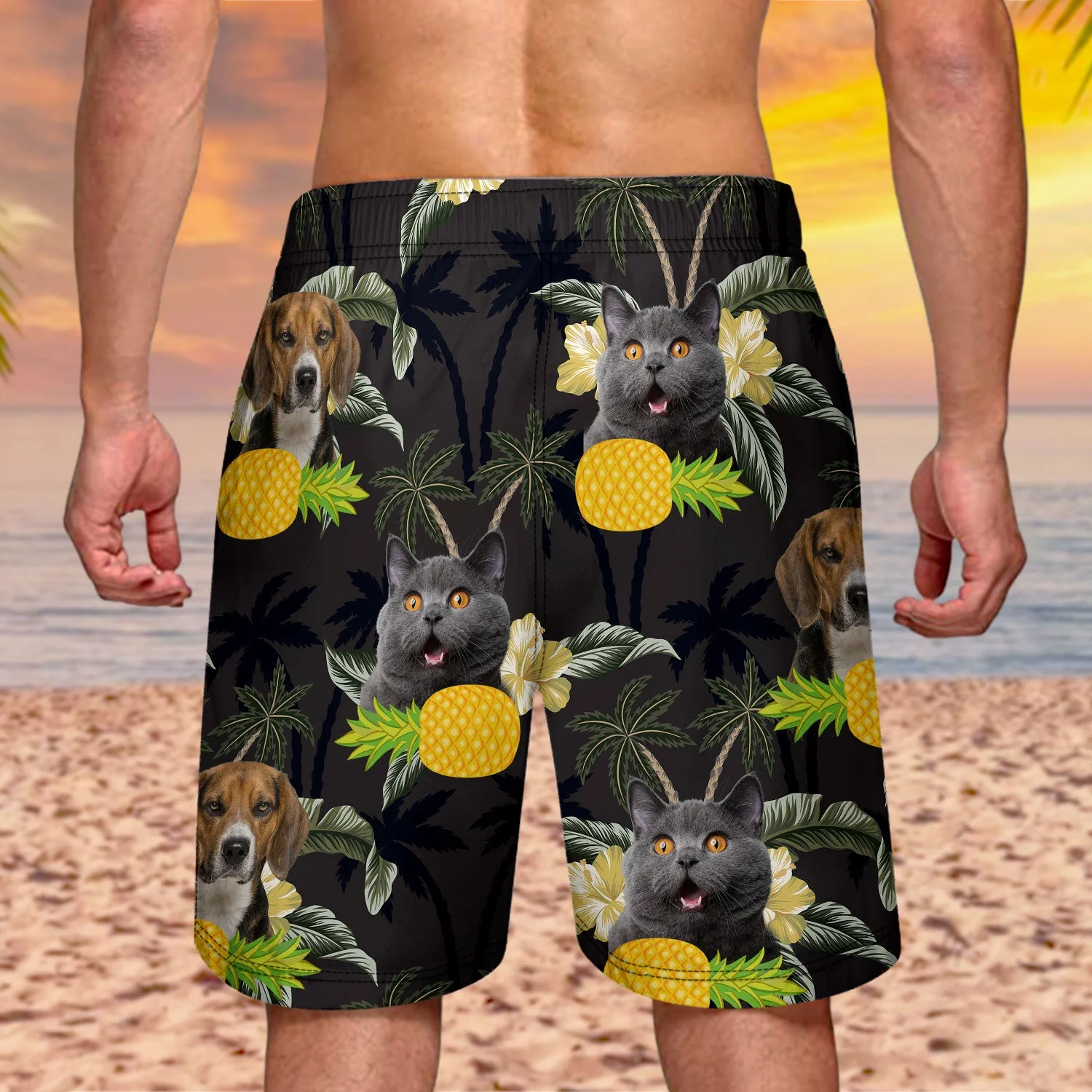 Custom Photo Funny Family Pet Face Black Tropical Flower - Funny Gift For Pet Lovers, Dog Mom, Cat Mom, Dog Dad, Cat Dad - Personalized Unisex Beach Shorts - Image 3
