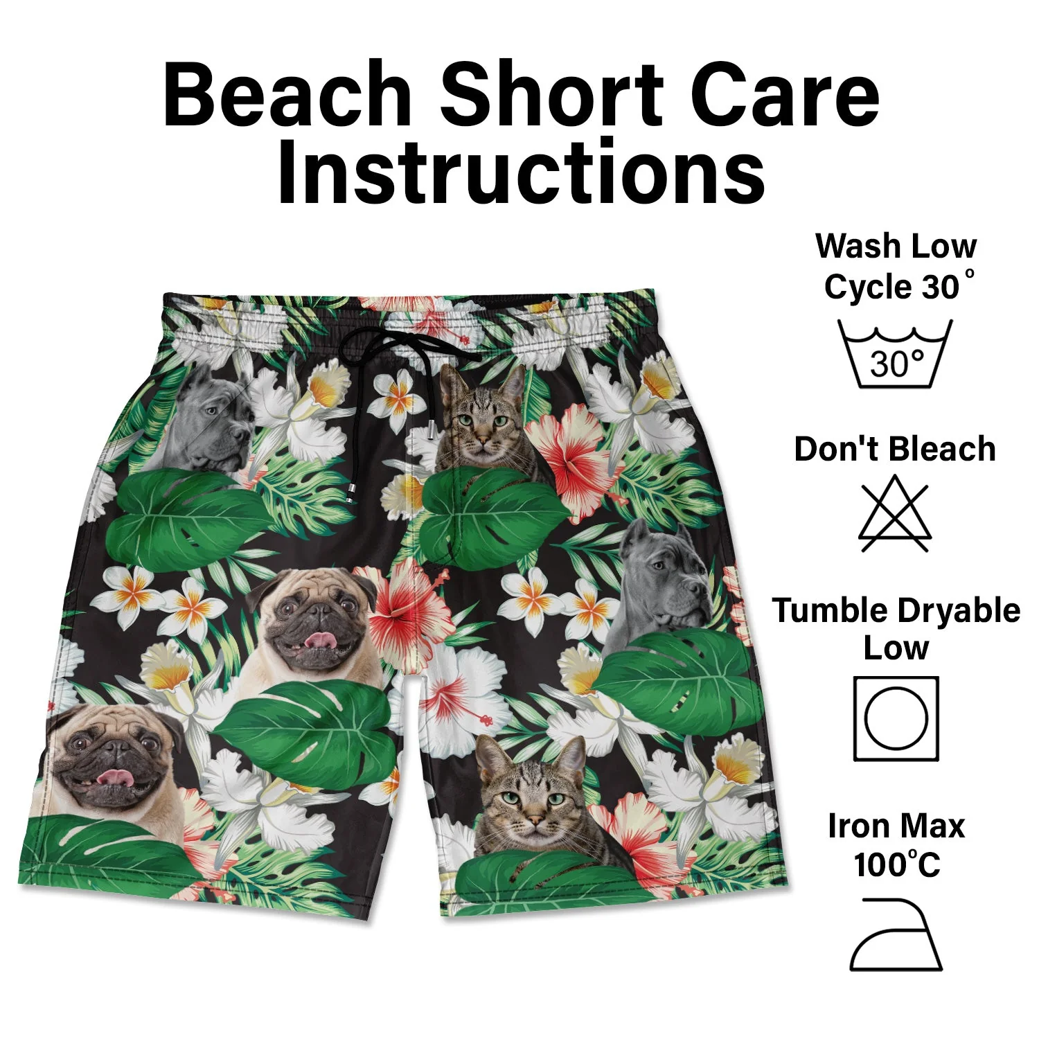 Custom Photo Funny Family Pet Face Black Tropical Flower - Funny Gift For Pet Lovers, Dog Mom, Cat Mom, Dog Dad, Cat Dad - Personalized Unisex Beach Shorts - Image 5