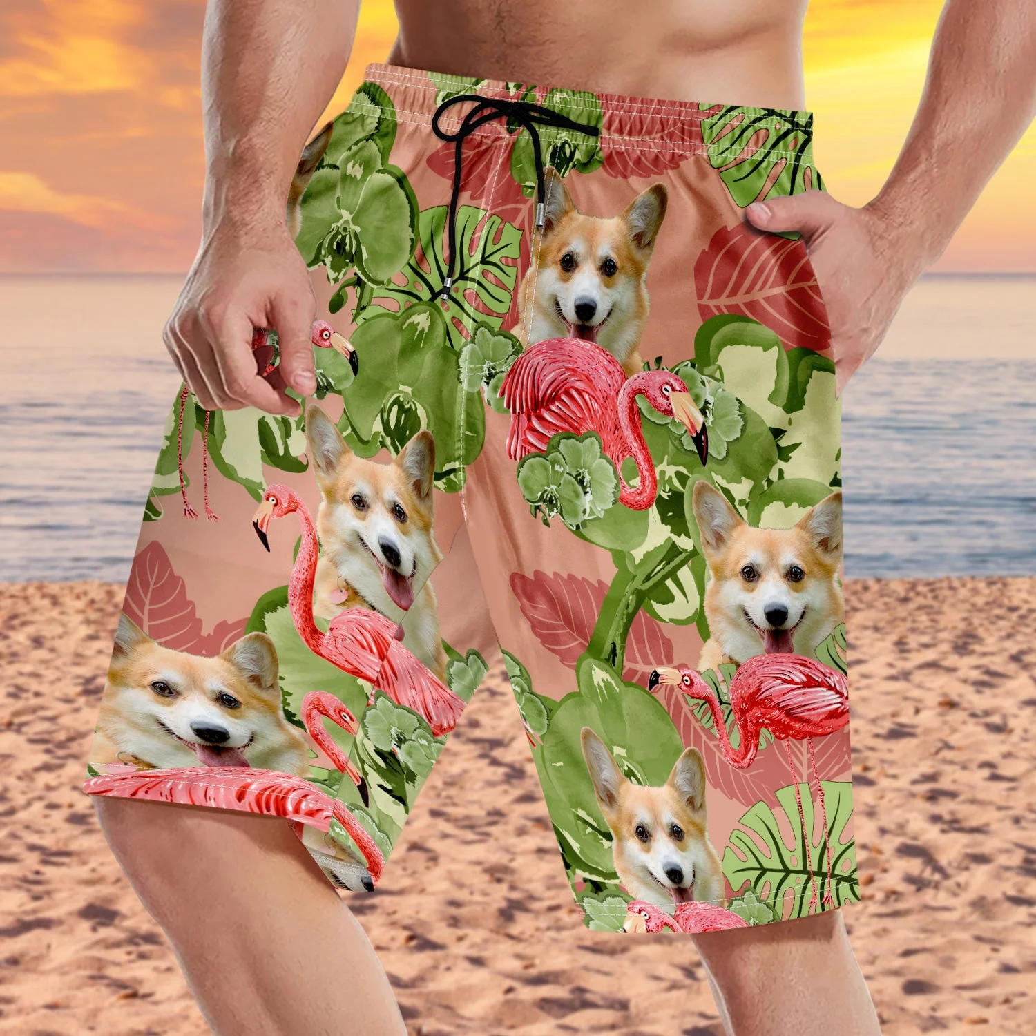 Custom Photo Funny Family Pet Face Flamingo - Funny Gift For Pet Lovers, Dog Mom, Cat Mom, Dog Dad, Cat Dad - Personalized Unisex Beach Shorts - Image 4