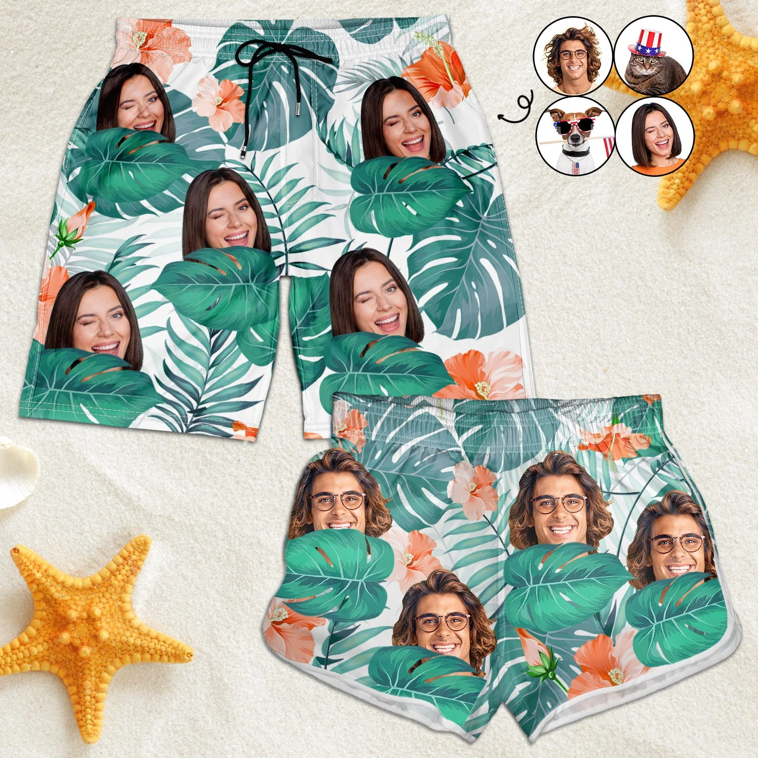 Custom Photo Funny Family Pet Face - Gift For Couples, Dog And Cat Lovers - Personalized Custom Couple Beach Shorts - Image 6