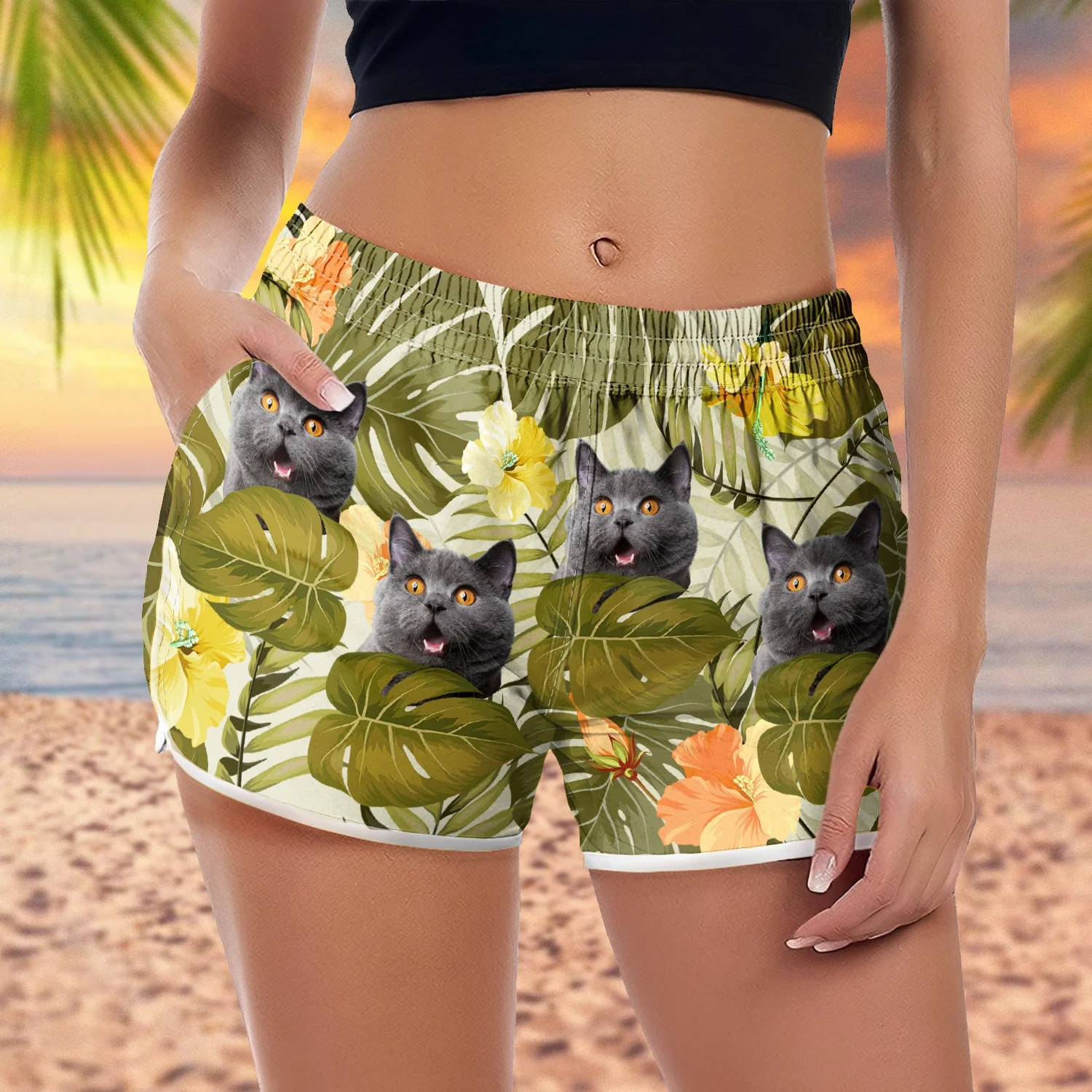 Custom Photo Funny Family Pet Face - Gift For Women, Besties, Sisters, Dog And Cat Lovers - Personalized Custom Women Beach Shorts - Image 2