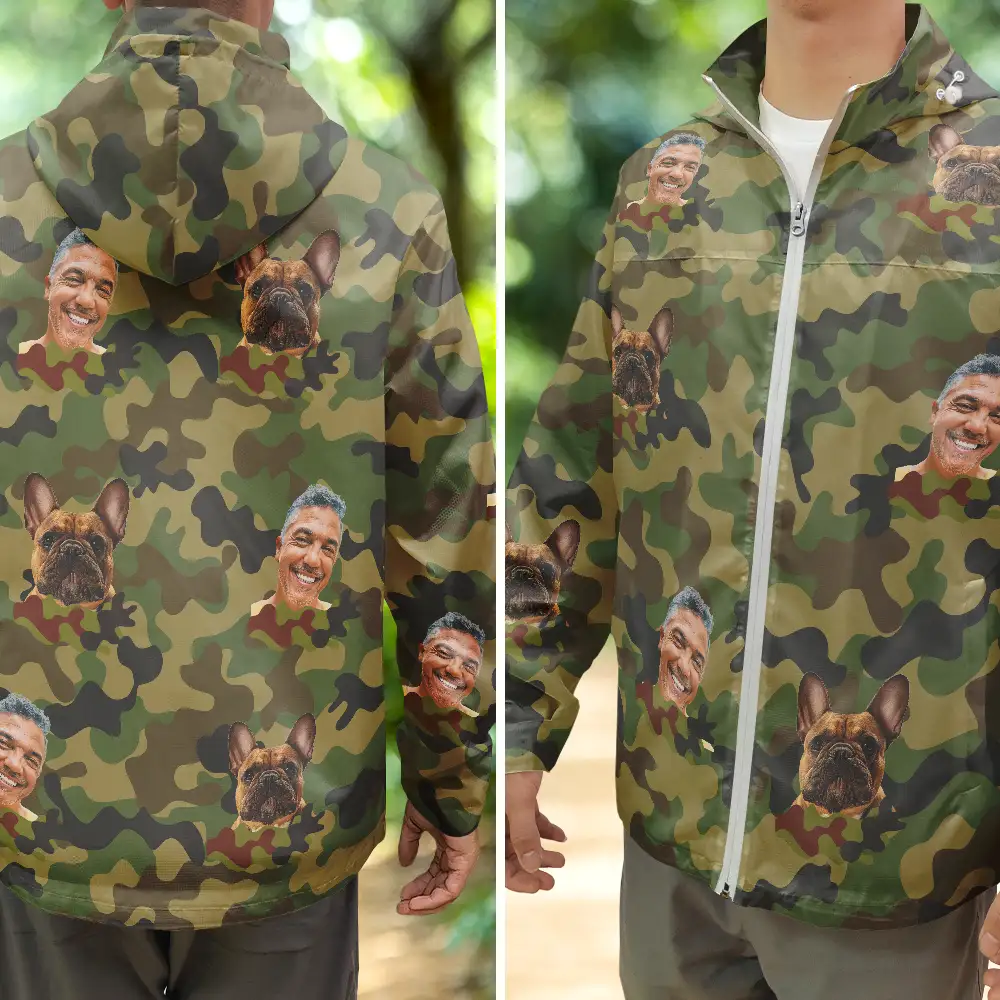 Custom Photo Funny Family Pet Face Hunting Fishing Outdoor Pattern - Personalized Rain Jacket - Image 4