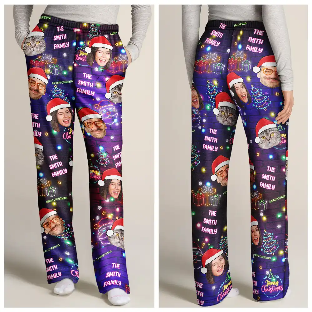 Custom Photo Funny Family Pet Face Neon Light Style - Personalized Pajama Pants - Image 4