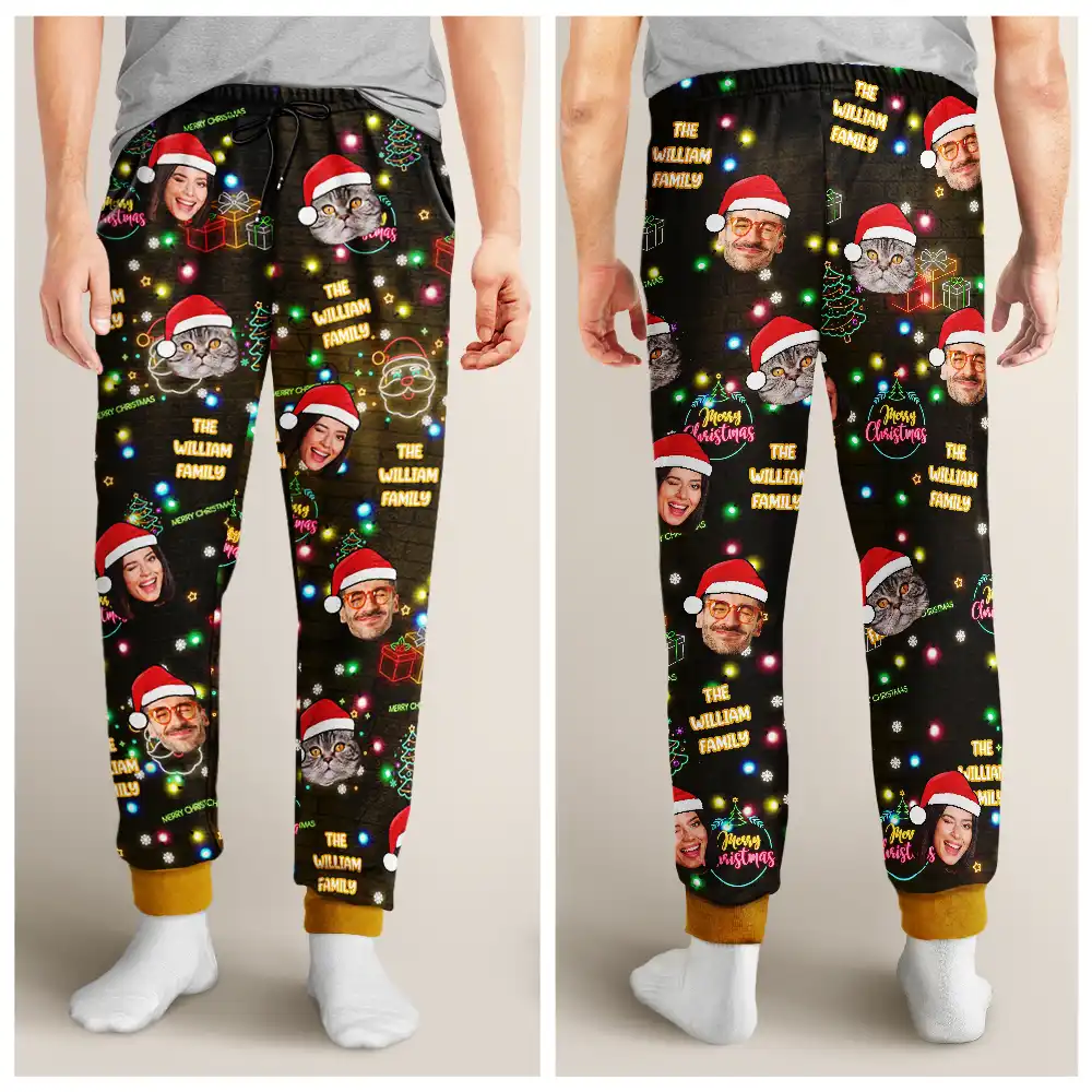 Custom Photo Funny Family Pet Face Neon Light Style - Personalized Pajama Pants - Image 5