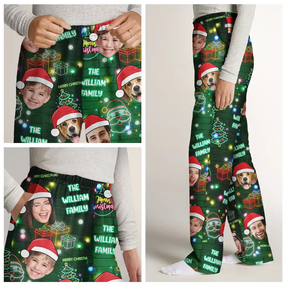 Custom Photo Funny Family Pet Face Neon Light Style - Personalized Pajama Pants - Image 7