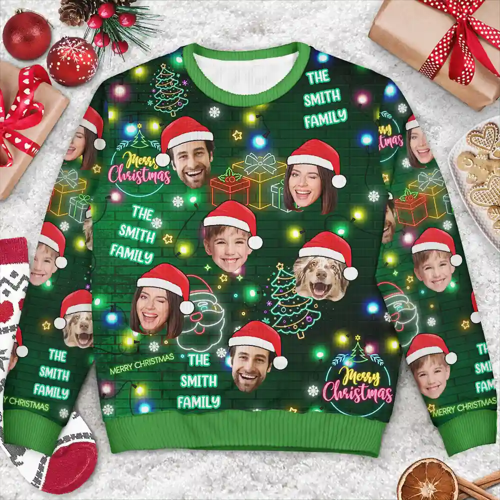 Custom Photo Funny Family Pet Face Neon Light Style - Personalized Unisex Ugly Sweater - Image 4