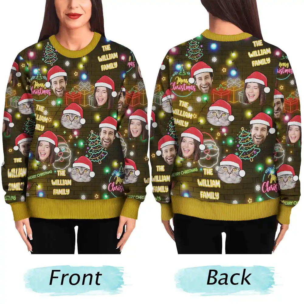 Custom Photo Funny Family Pet Face Neon Light Style - Personalized Unisex Ugly Sweater - Image 6