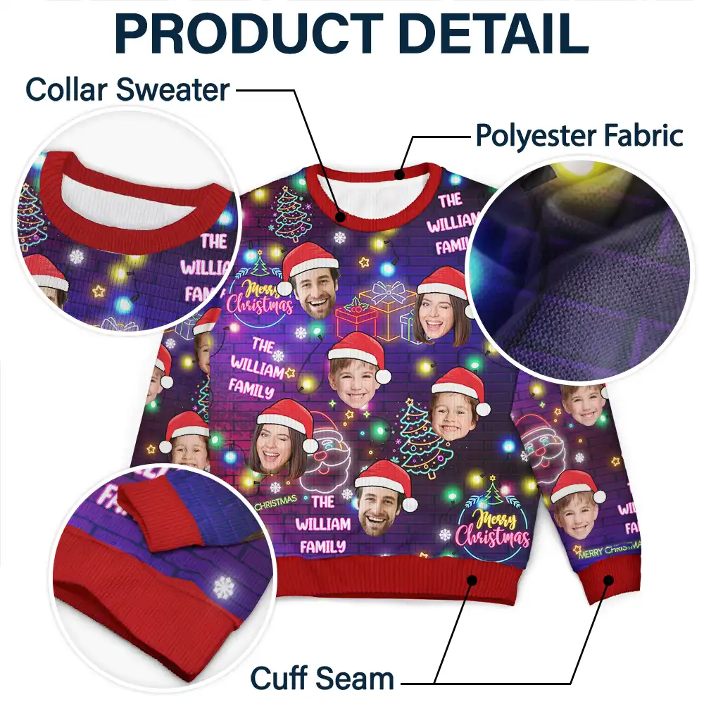Custom Photo Funny Family Pet Face Neon Light Style - Personalized Unisex Ugly Sweater - Image 7