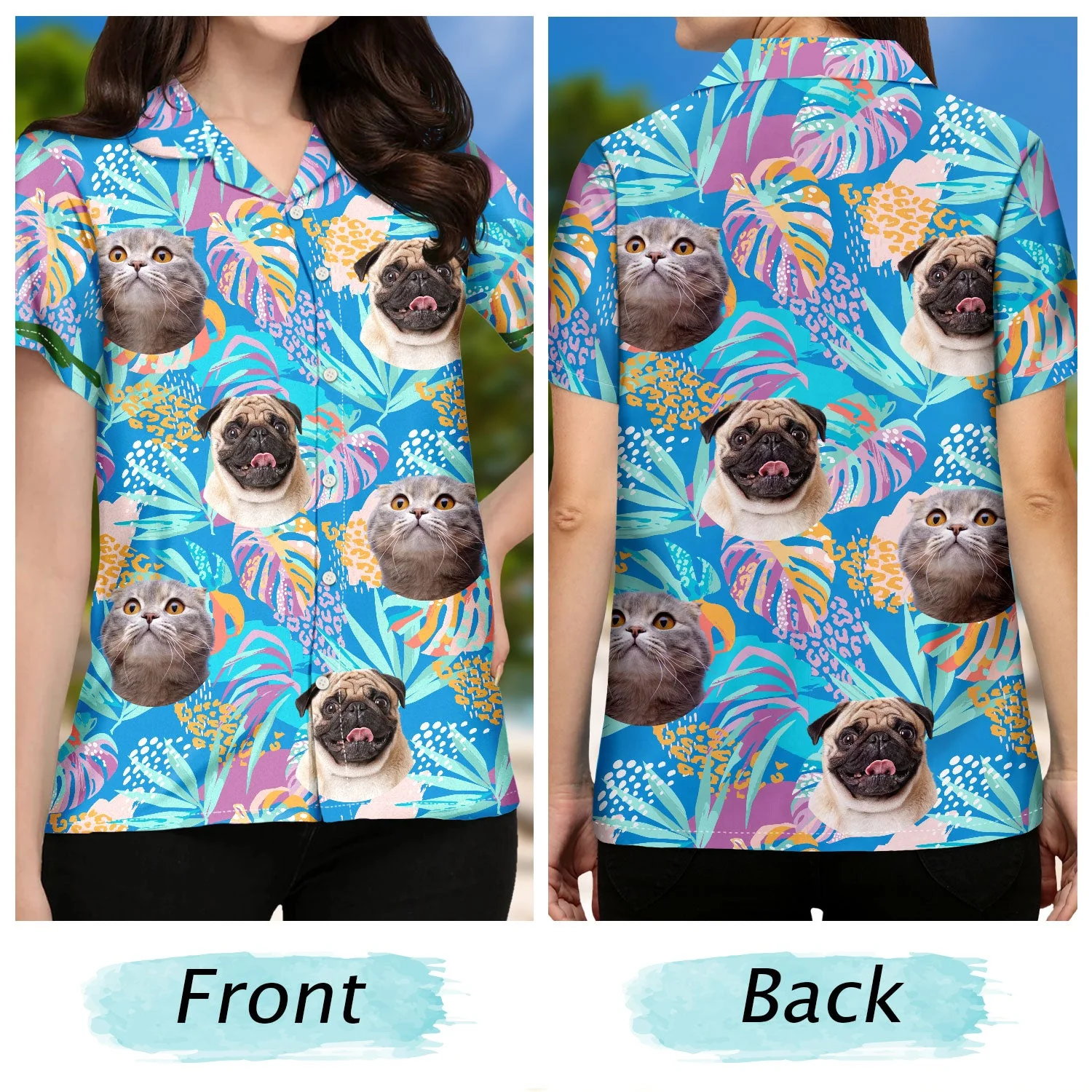 Custom Photo Funny Family Pet Face Purple Tropical - Gift For Pet Lovers, Dog Lovers, Cat Lovers - Personalized Hawaiian Shirt - Image 3