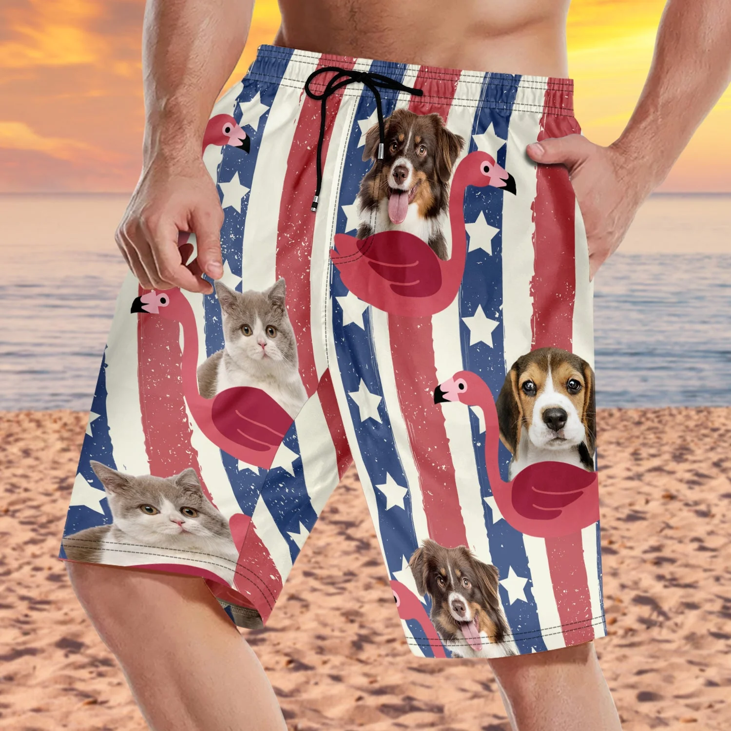 Custom Photo Funny Family Pet Face Stars And Stripes - Gift For Men, Dog And Cat Lovers - Personalized Custom Unisex Beach Shorts - Image 4