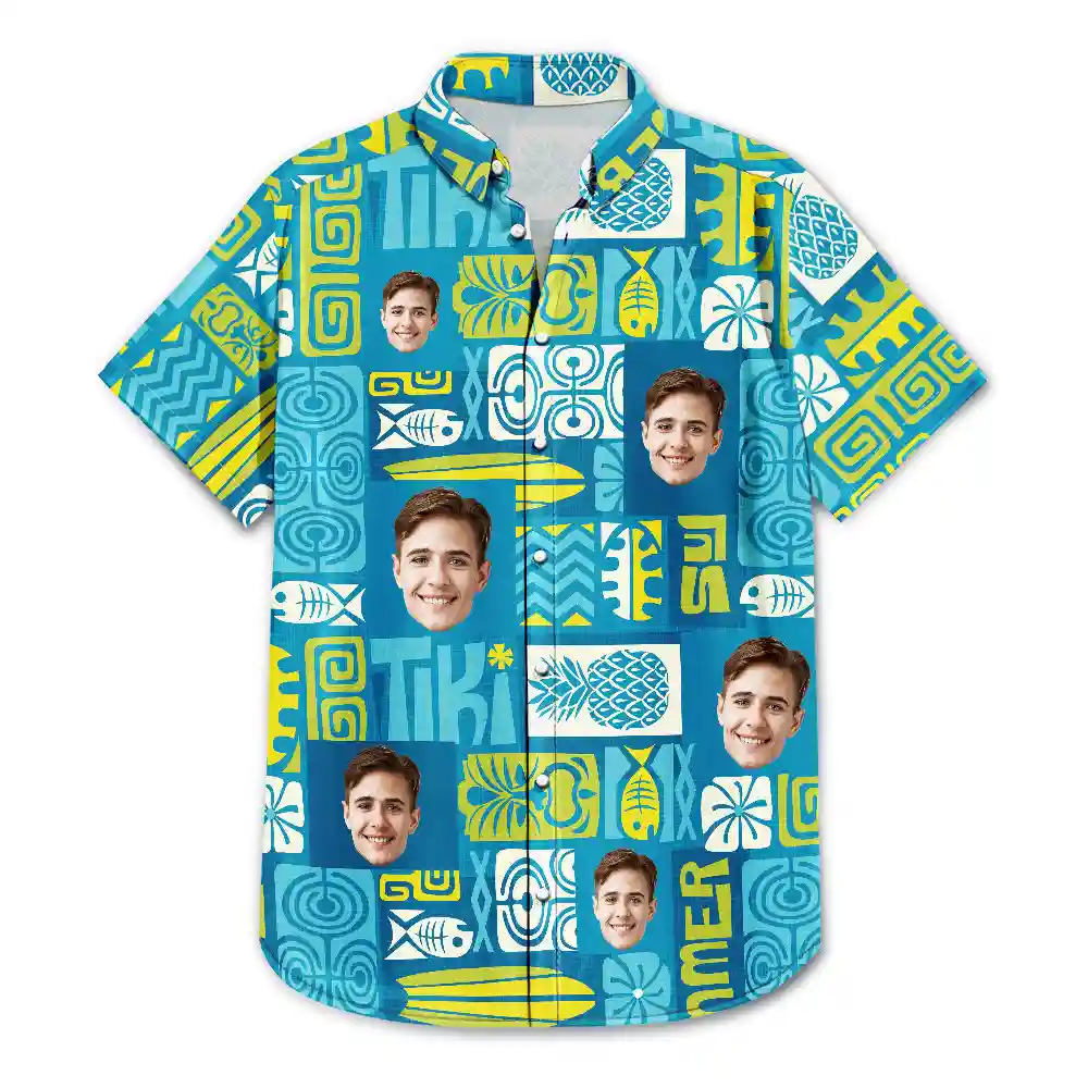 Custom Photo Funny Family Pet Face Tiki Pattern - Personalized Hawaiian Shirt - Image 4
