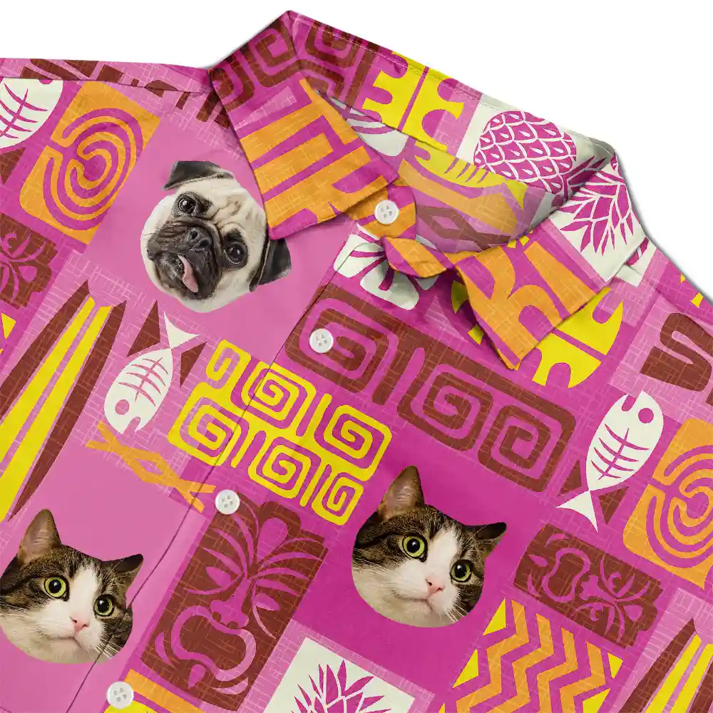Custom Photo Funny Family Pet Face Tiki Pattern - Personalized Hawaiian Shirt - Image 5