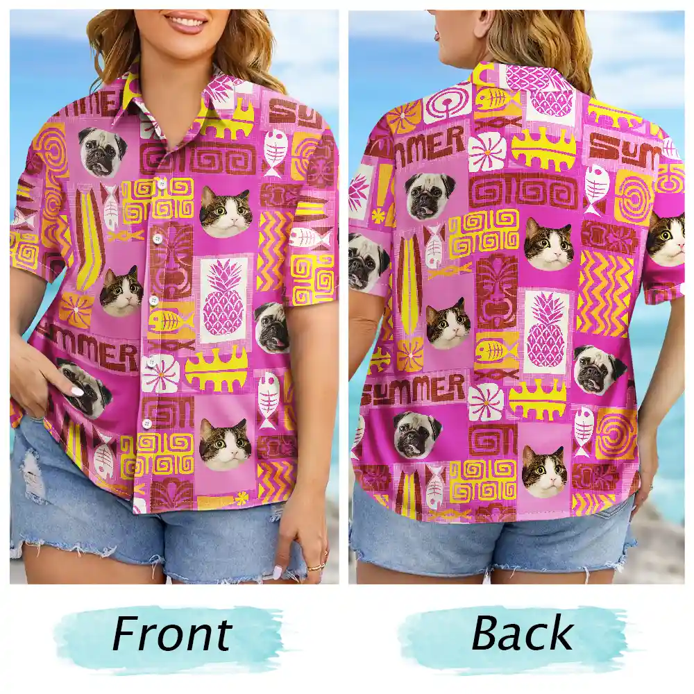 Custom Photo Funny Family Pet Face Tiki Pattern - Personalized Hawaiian Shirt - Image 7