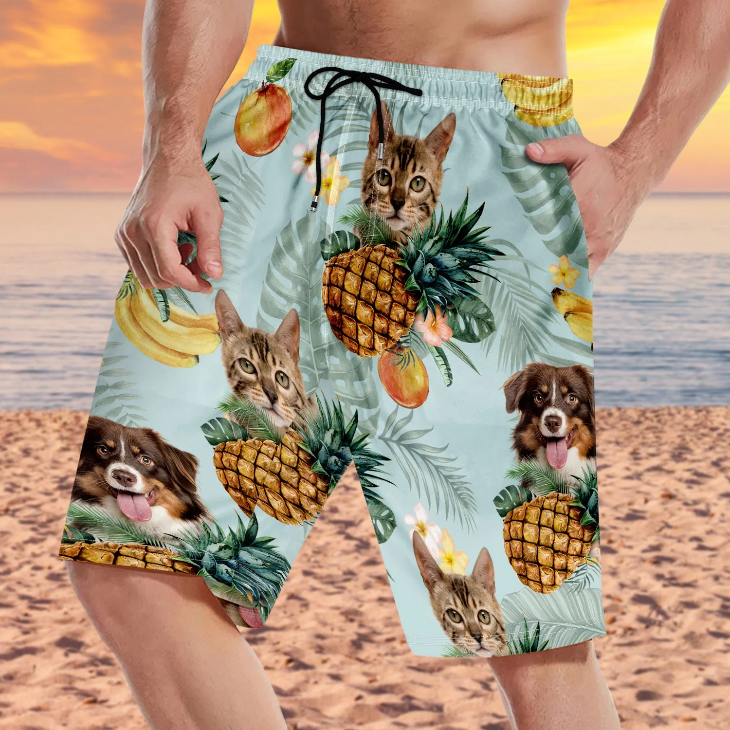 Custom Photo Funny Family Pet Face Tropical Fruit - Funny Gift For Pet Lovers, Dog Mom, Cat Mom, Dog Dad, Cat Dad - Personalized Unisex Beach Shorts - Image 4