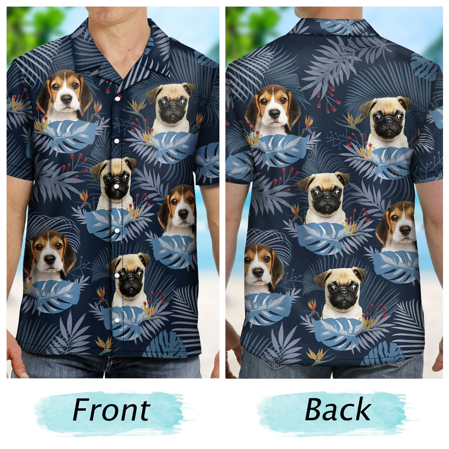 Custom Photo Funny Family Pet Face Tropical Leaf - Gift For Men, Dog And Cat Lovers - Personalized Custom Hawaiian Shirt - Image 2