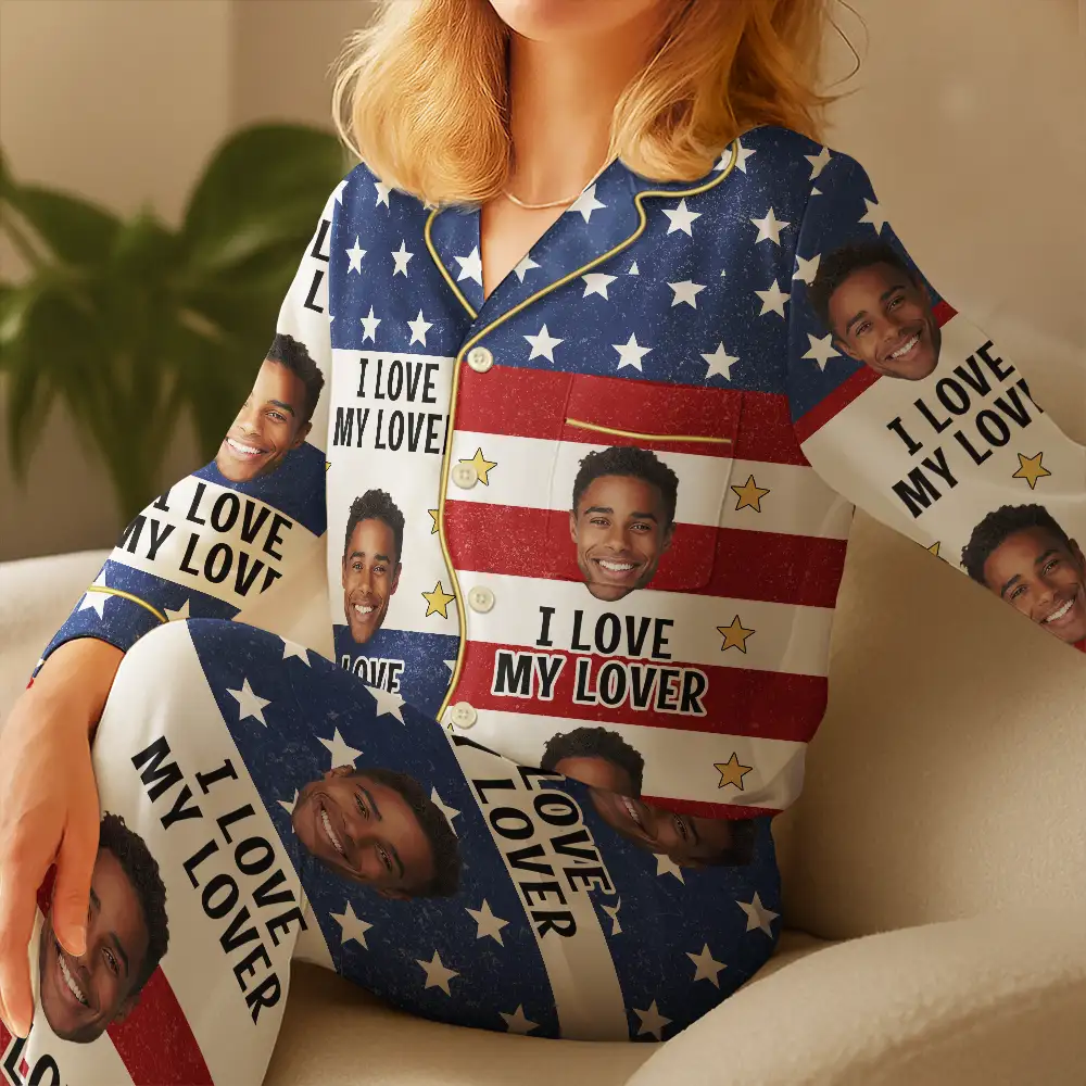 Custom Photo Funny I Love My Husband US Flag - Personalized Satin Pajama Set - Image 5