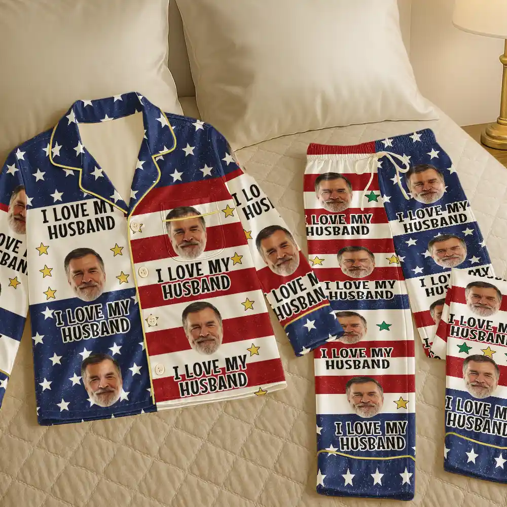 Custom Photo Funny I Love My Husband US Flag - Personalized Satin Pajama Set - Image 6