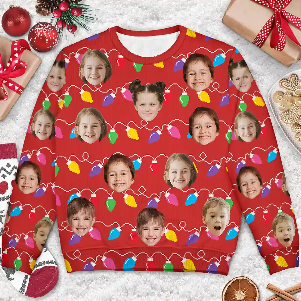 Custom Photo Funny Kid Face Christmas Light - Personalized Unisex Ugly Sweater - Image 4