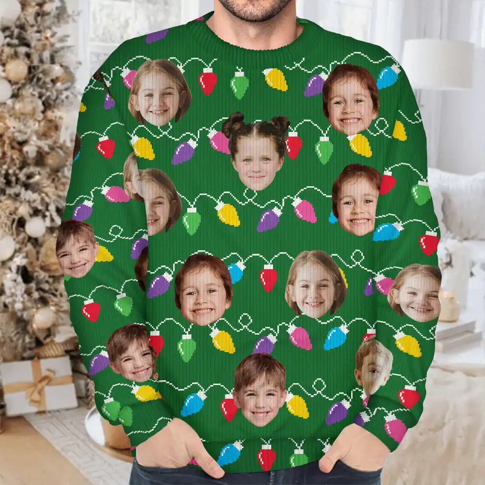 Custom Photo Funny Kid Face Christmas Light - Personalized Unisex Ugly Sweater - Image 5