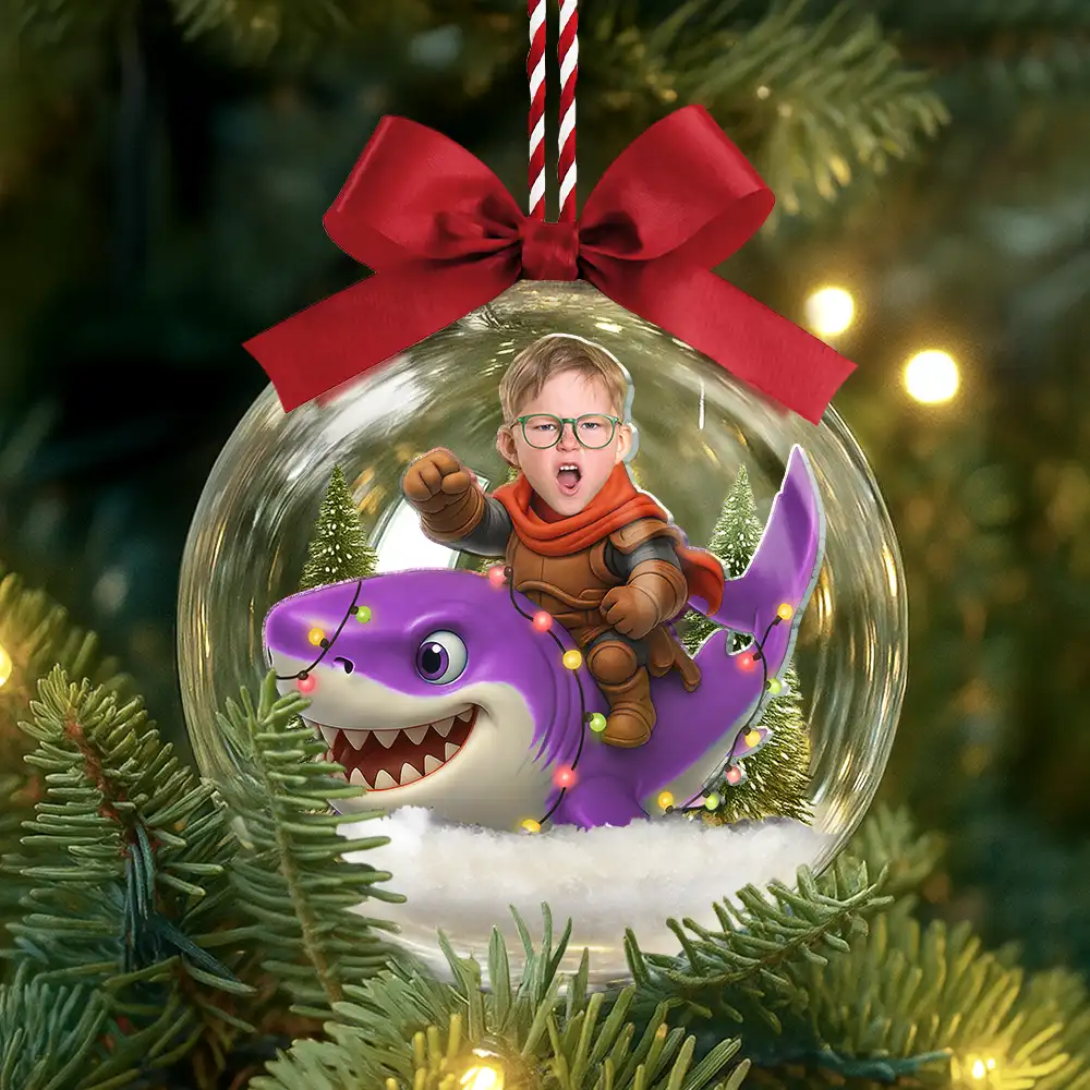 Custom Photo Funny Kid Face Riding Shark - Personalized 3D Acrylic Ball Ornament - Image 4