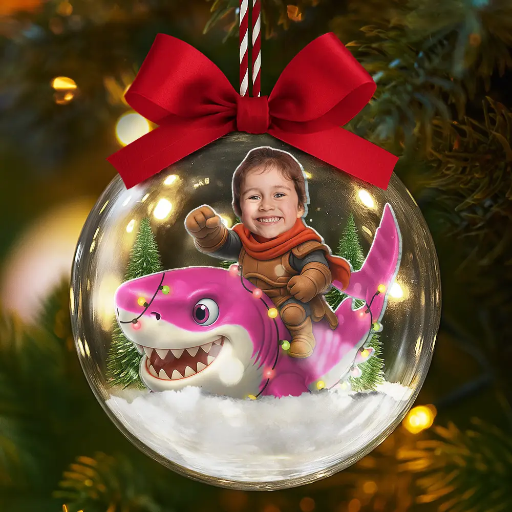 Custom Photo Funny Kid Face Riding Shark - Personalized 3D Acrylic Ball Ornament - Image 6