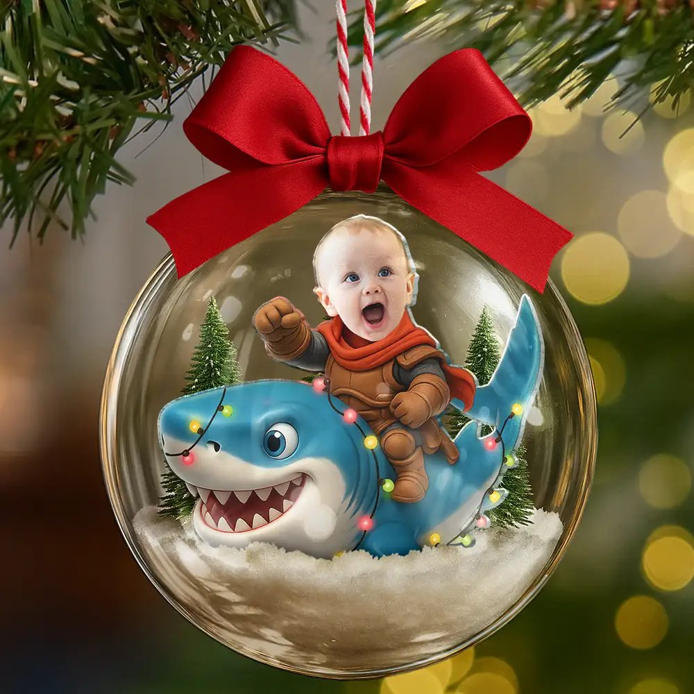 Custom Photo Funny Kid Face Riding Shark - Personalized 3D Acrylic Ball Ornament - Image 7