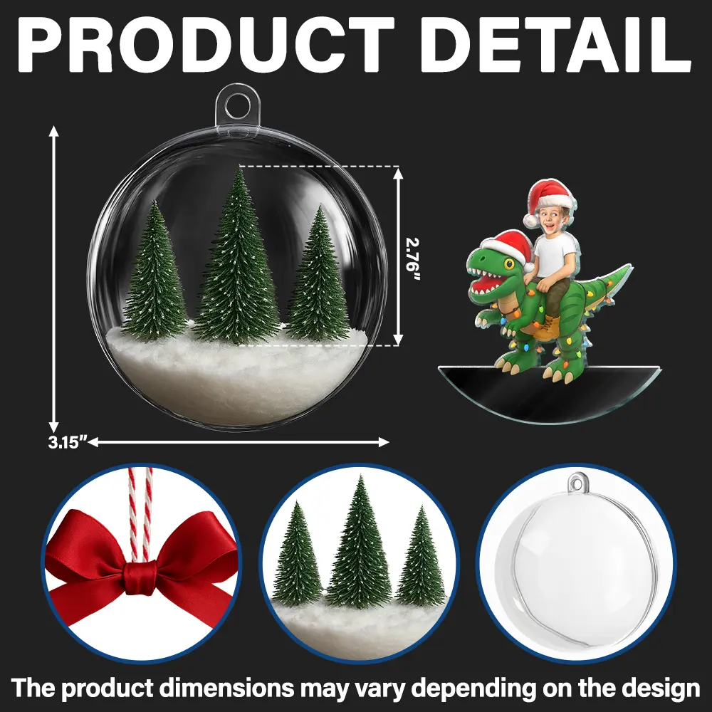 Custom Photo Funny Kid Xmas Dinosaur - Personalized 3D Acrylic Ball Ornament - Image 3