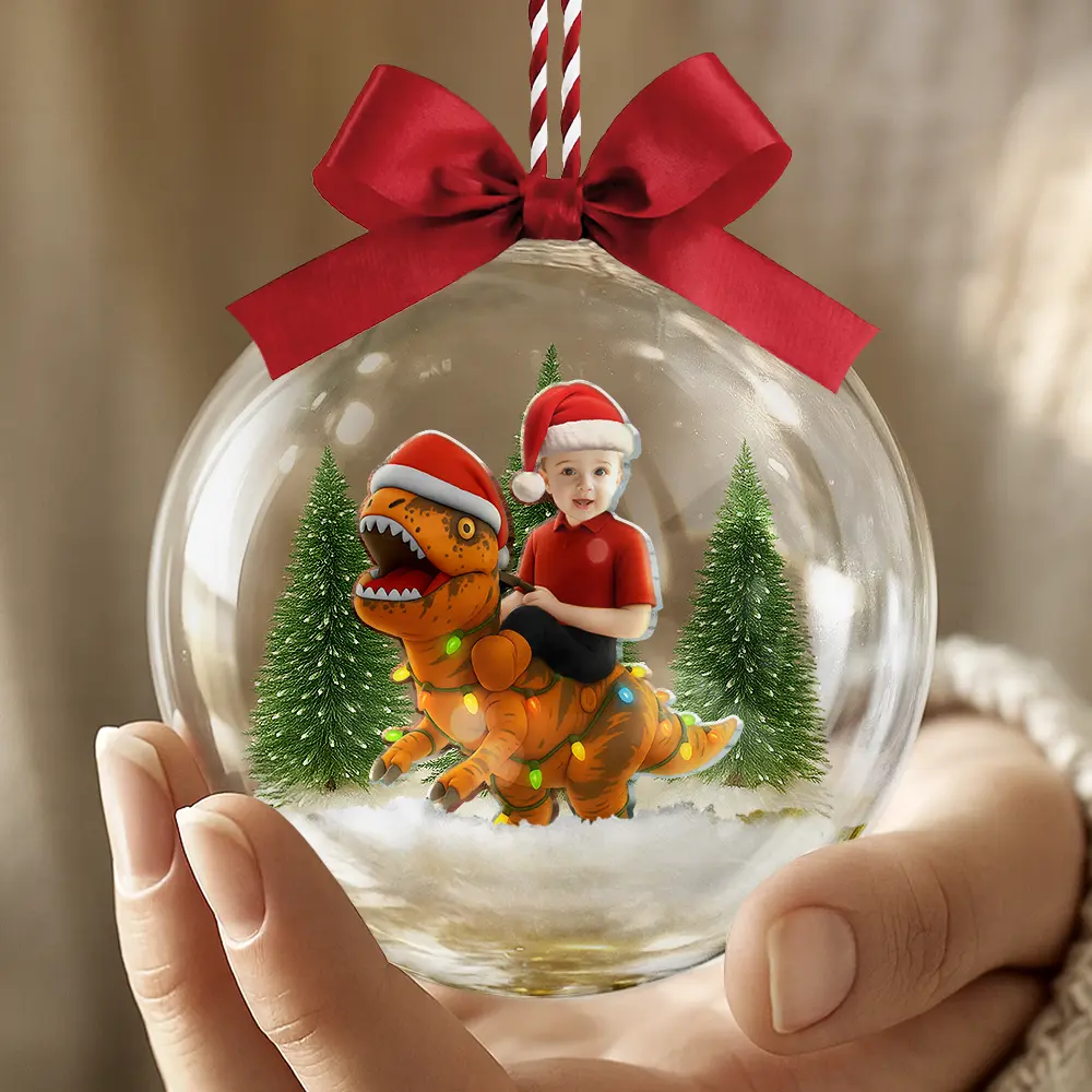 Custom Photo Funny Kid Xmas Dinosaur - Personalized 3D Acrylic Ball Ornament - Image 5