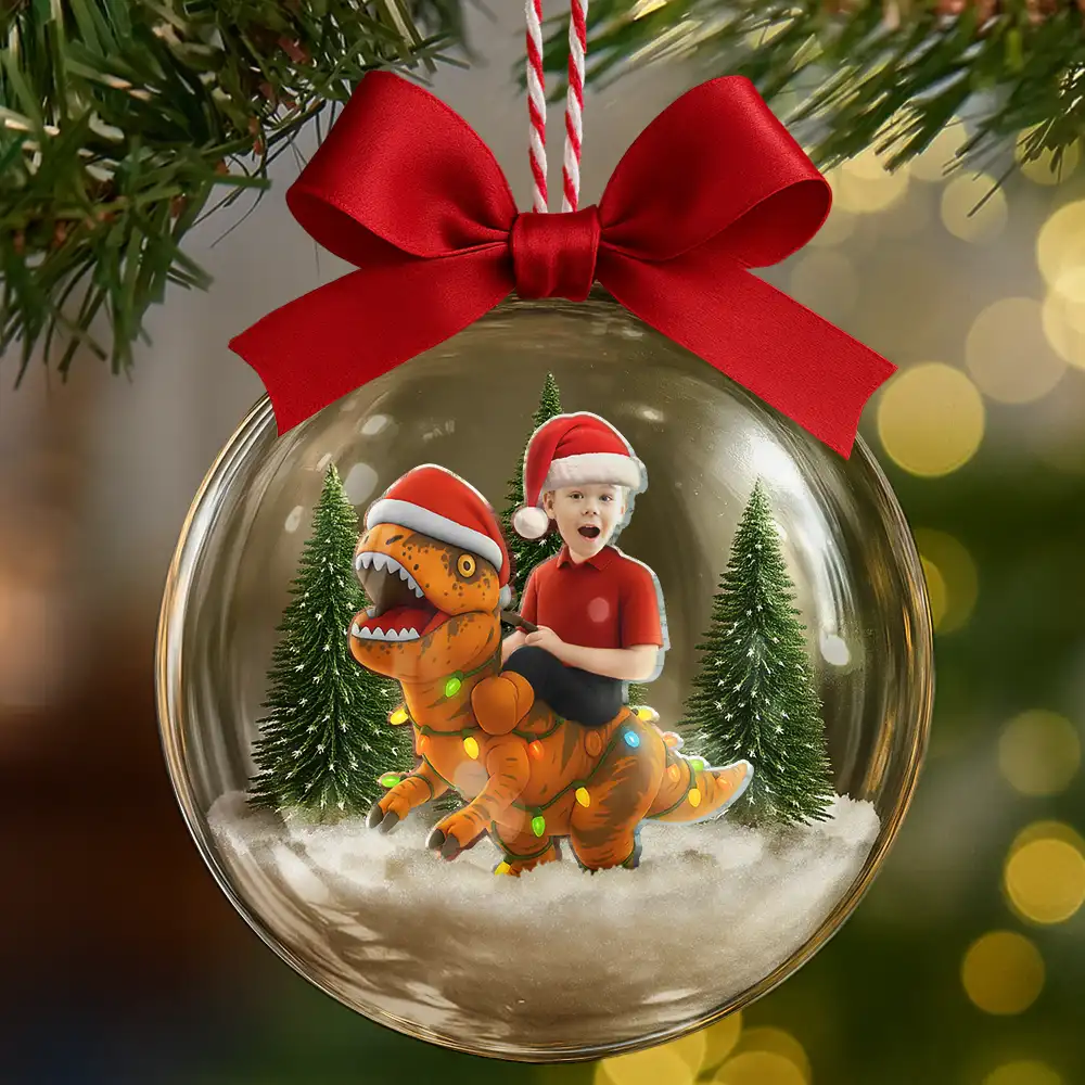 Custom Photo Funny Kid Xmas Dinosaur - Personalized 3D Acrylic Ball Ornament - Image 7