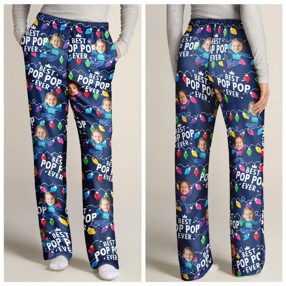 Custom Photo Funny Kids Best Dad Grandpa Ever Christmas Light - Personalized Pajama Pants - Image 4